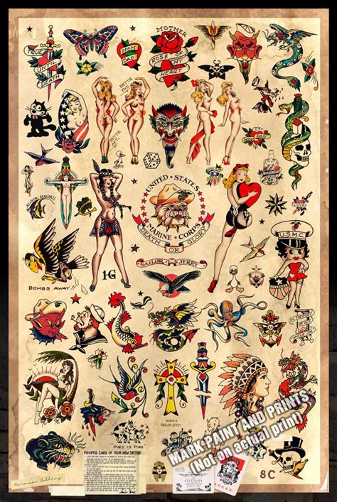 Sailor Jerry Tattoo Designs Flash 2 Giclee Poster Print Etsy Uk