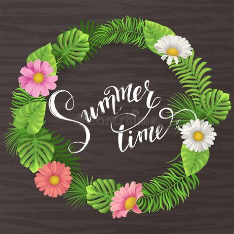 Summer Lettering Tropical Palm Leaves Background Stock Vector