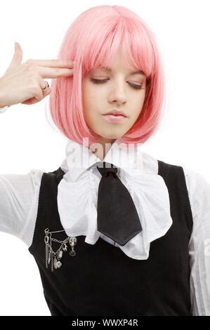 Bizarre Pink Hair Emo Girl White Background Stock Photo Alamy