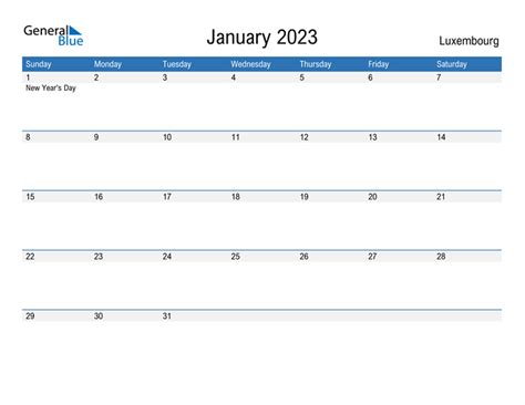 January 2023 Calendar With Luxembourg Holidays