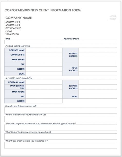 Free Free Client Information Forms Templates Smartsheet Company