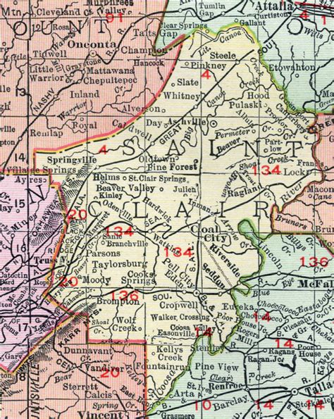St Clair County Alabama Map 1911 Pell City Ashville Coal City