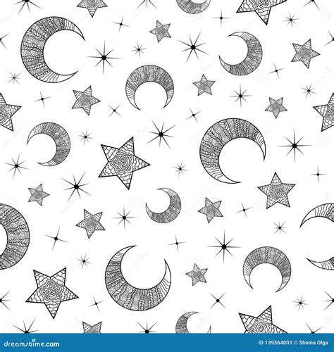 Seamless Pattern With Hand Drawn Abstract Black And White Moons And