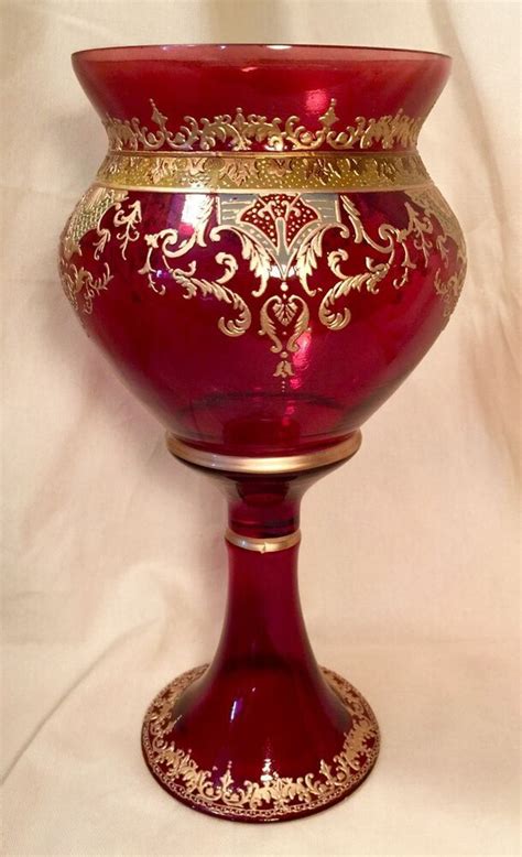 Moser Bohemian Enamel And Gilded Art Cranberry Glass Mantelpiece Pedestal Vase Moser In 2021