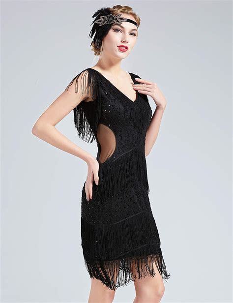 Babeyond 1920s Flapper Dress V Neck Sequin Beaded Dress Roaring 20s