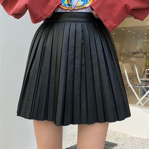 High Waist Pu Leather Skirts Women Autumn Winter Plus Size Pleated Skirt Female Casual Black