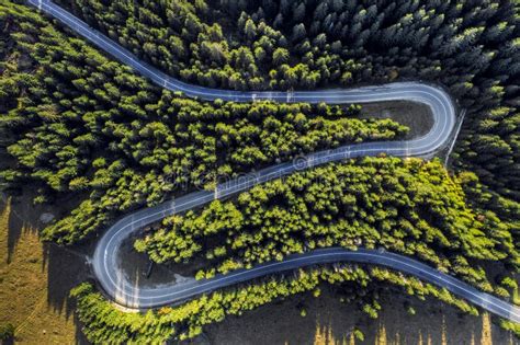 Aerial View Of Winding Road In Green Forest Stock Image Image Of