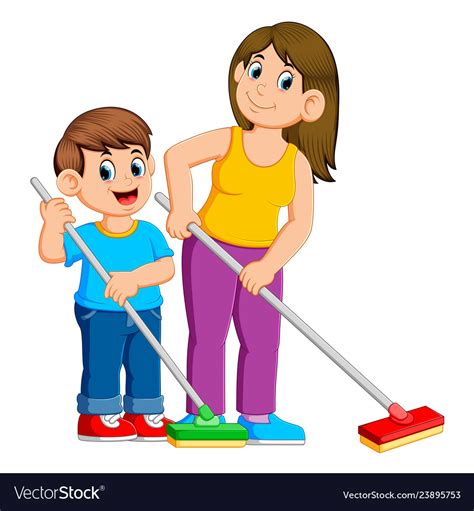 Mother And Son Cleaning The Floor Royalty Free Vector Image