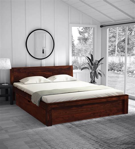 Buy Acropolis Solid Wood Queen Size Bed With Drawer Storage In Honey