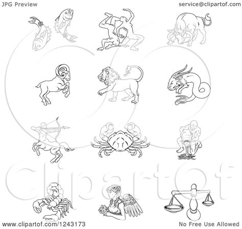 Clipart Of Black And White Outlined Zodiac Star Signs Royalty Free
