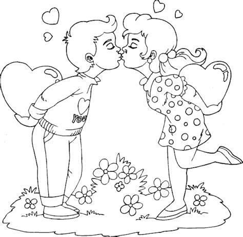 Valentine Boy And Girl Kissing Coloring Page