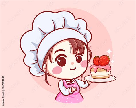Cute Bakery Chef Girl Holding A Cake Smiling Cartoon Art Illustration