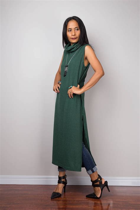 Green Dress Mid Length Turtleneck Dress Split Dress Etsy