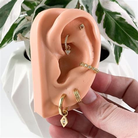 Gold Ear Piercing Inspiration With Rook Charm And Conch Hoop In 2020