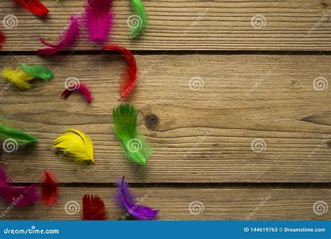 Colorful Easter Feathers On Wooden Table Stock Image Image Of