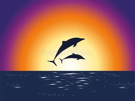 Two Dolphins Silhouette Jumping At Sunrise Sea And Ocean Stock Vector