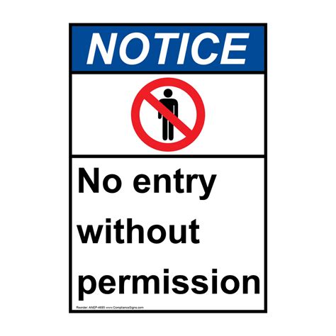 Vertical No Entry Without Permission Sign ANSI Notice No Admittance