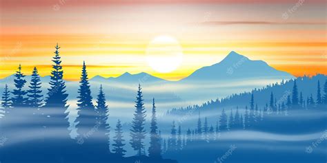 Premium Vector Mountain Landscape At Sunset Fog And Forest