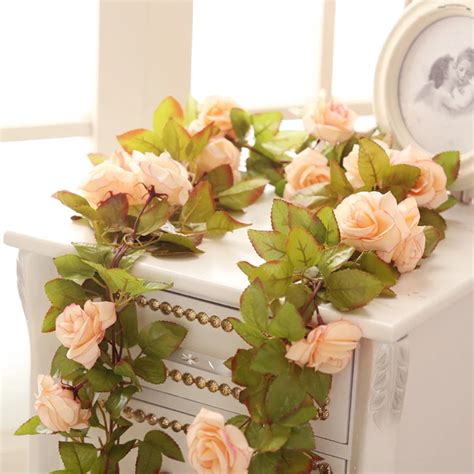 Silk Artificial Flowers Rose 2pcs Fake Flowers Vine With Green Leaves