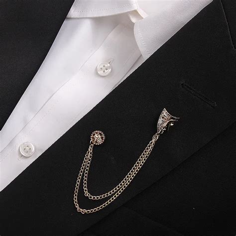 Fashion Gold Color Men Brooch Rhinestone Mask Chain Tassel Brooches Lapel Pins For Women Men