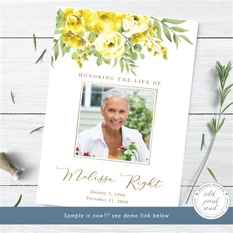 Yellow Roses Memorial Announcement Template Celebration Of Etsy