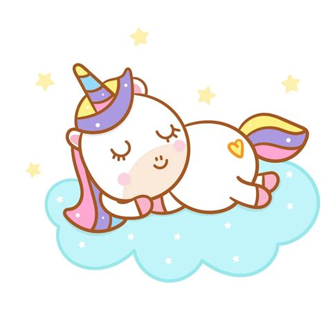 Cute Unicorn Cartoon Sleep On Could Hand Drawn Style Premium Vector