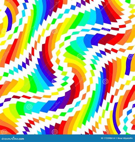 Beautiful Bright Seamless Pattern Of Curved Geometric Shapes In Rainbow