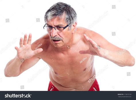 Surprised Shirtless Senior Man Gesturing Isolated Shutterstock
