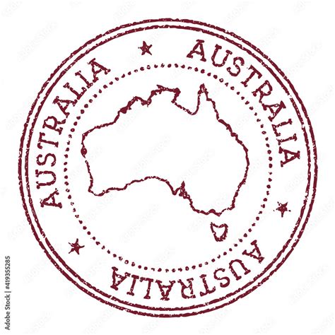 Australia Round Rubber Stamp With Country Map Vintage Red Passport Stamp With Circular Text And
