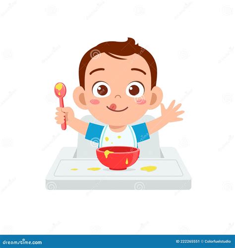 Cute Little Baby Boy Eat Porridge In Bowl With Spoon Stock Vector