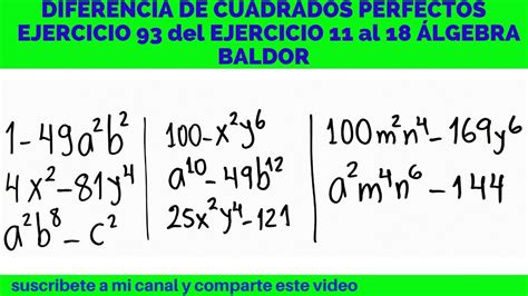Ejercicio 93 álgebra Baldor 11 Al 18 Diferencia De Cuadrados Perfecto