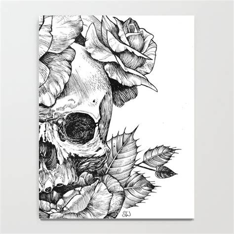 Black And White Skull With Roses Pen Drawing Notebook By Sarachnid
