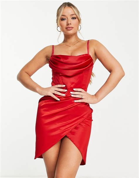 first distraction the label built in corset satin mini wrap dress in red modesens