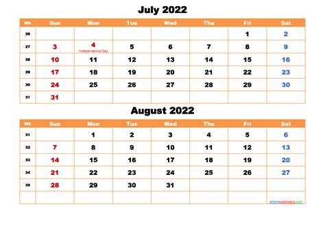 July And August Calendar 2022 Printable Word Pdf