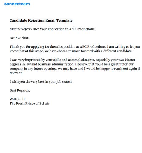 Candidate Rejection Email Template