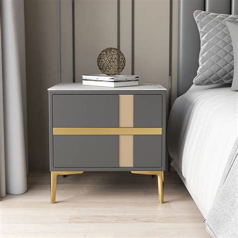 Deep Gray Bedroom Nightstand With 2 Drawer Modern Bedside Table Stone Top
