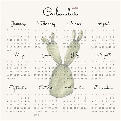 Botanical 2022 Monthly Calendar Cactus Watercolor Illustration Free