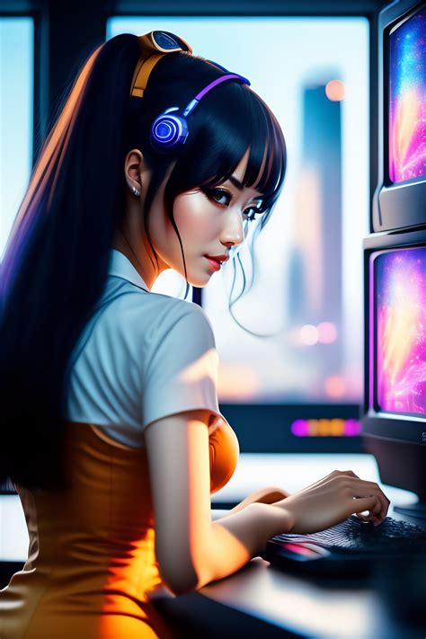 Lexica Cute Sexy Anime Girl Working On Computer Skyline Background