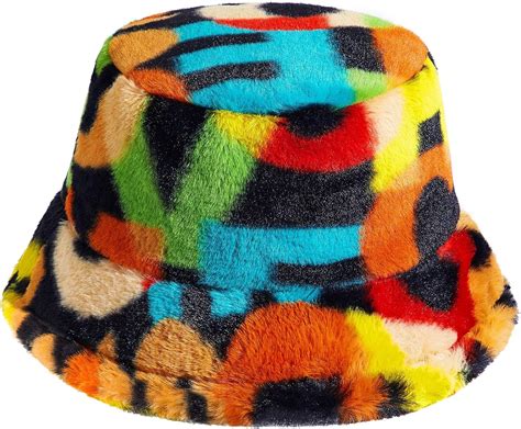 Colorful Faux Fur Bucket Hat Multi Color Letter Print Bucket Hat Warm