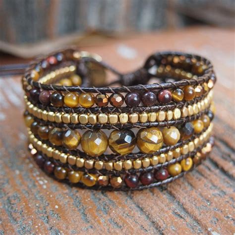 Tiger Eye Mix Sectioned Cuff Bracelet On Brown Cord Statement Etsy