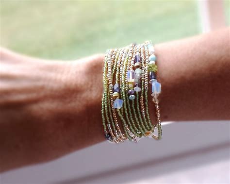 Peridot Iolite And Pearl Extra Long Seed Bead Wrap Bracelet Etsy