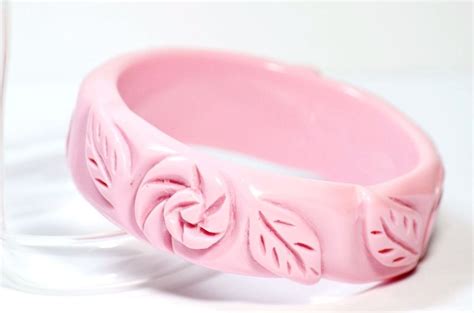 vintage carved roses lucite bangle bracelet soft pink plastic bracelet carvedlucitejewelry