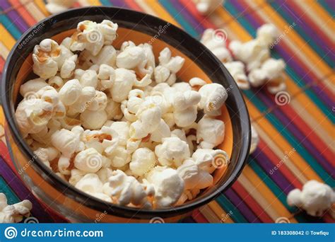 Close Up Of Bowl Of Popcorn On Table Stock Photo Image Of Movie