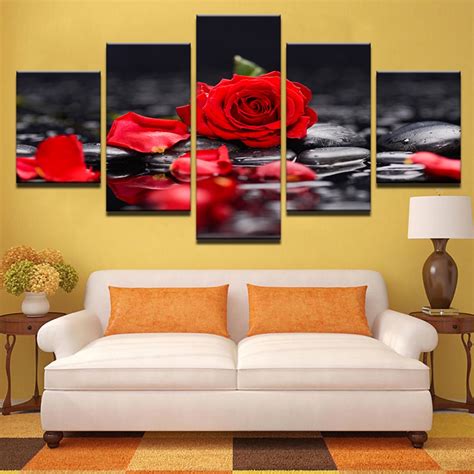 Canvas Painting Modular Picture Wall Art 5 Panel Beautiful Red Flower