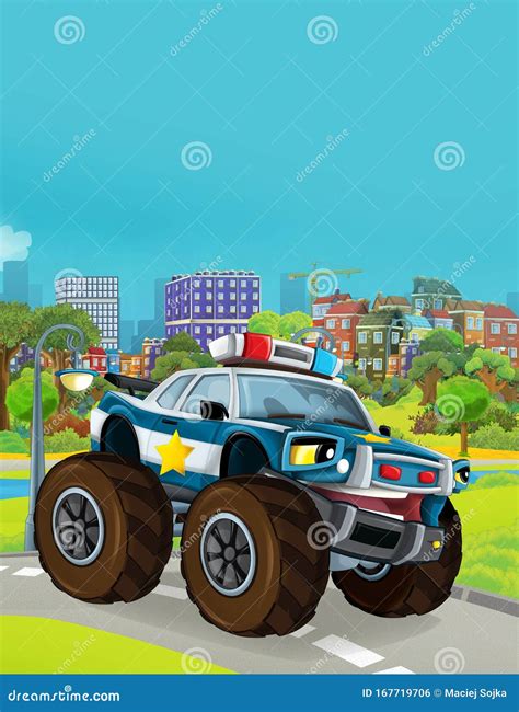 Cartoon Scene With Police Car Vehicle On The Road Near The Garage Or