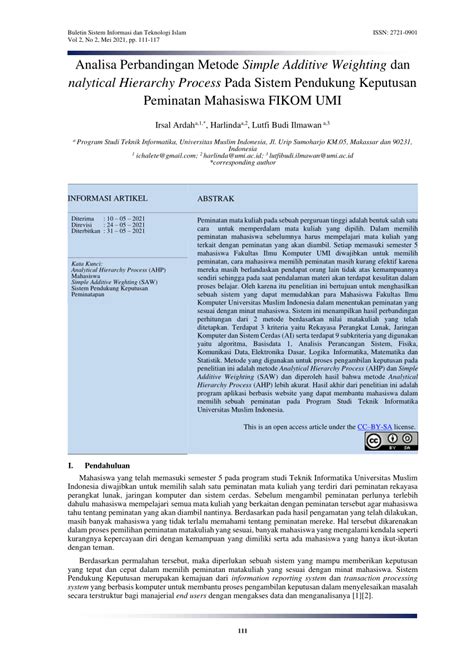 PDF Analisa Perbandingan Metode Simple Additive Weighting Dan