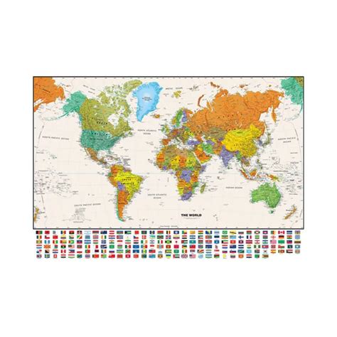 World Map With National Flags Poster Kids Educational Home Art Prints