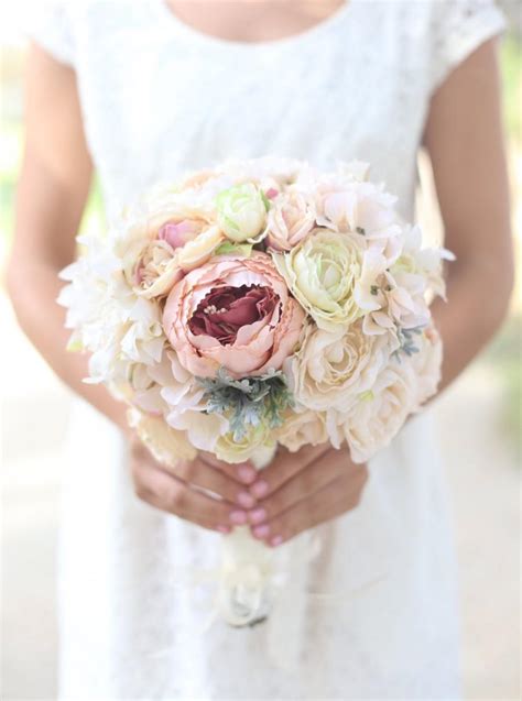 Silk Bride Bouquet White Cream Pale Pink Roses And Peonies Dusty Miller
