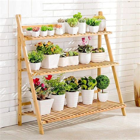 Asukulu Bamboo Ladder Plant Stand 3 Tier Foldable Plant Display Shelf
