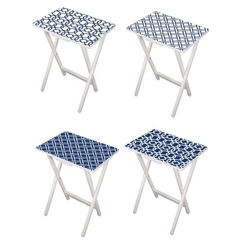 Mod Blue And White Tv Trays Set Of 4 With White Stands